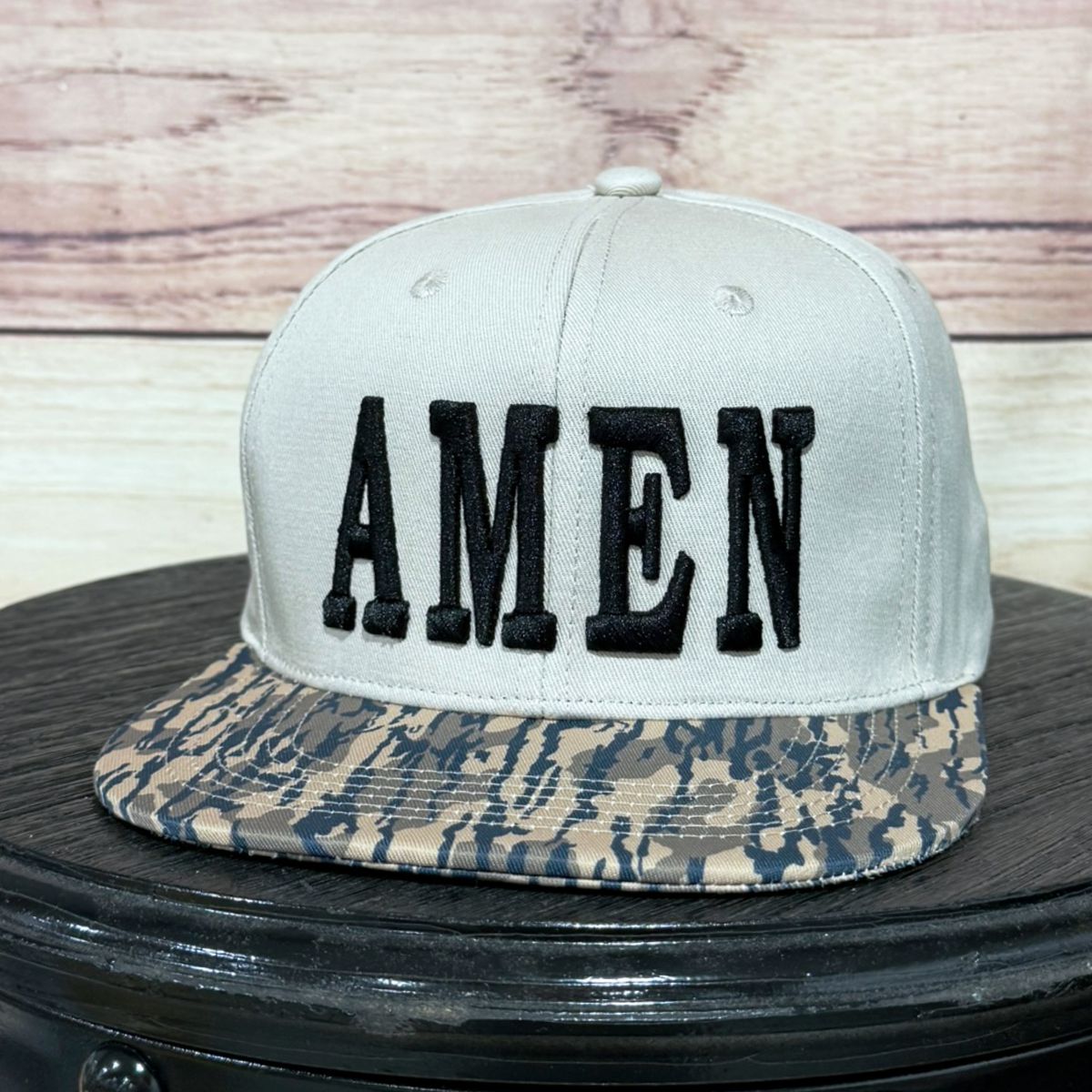 Amen 3-D Puff | LC Elizabeth Original | Embroidered Flat Brim Camo Hat