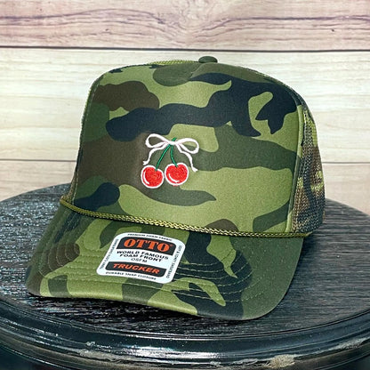 Twin Cherries + Coquette Bow | LC Elizabeth Original | Embroidered Trucker Hat