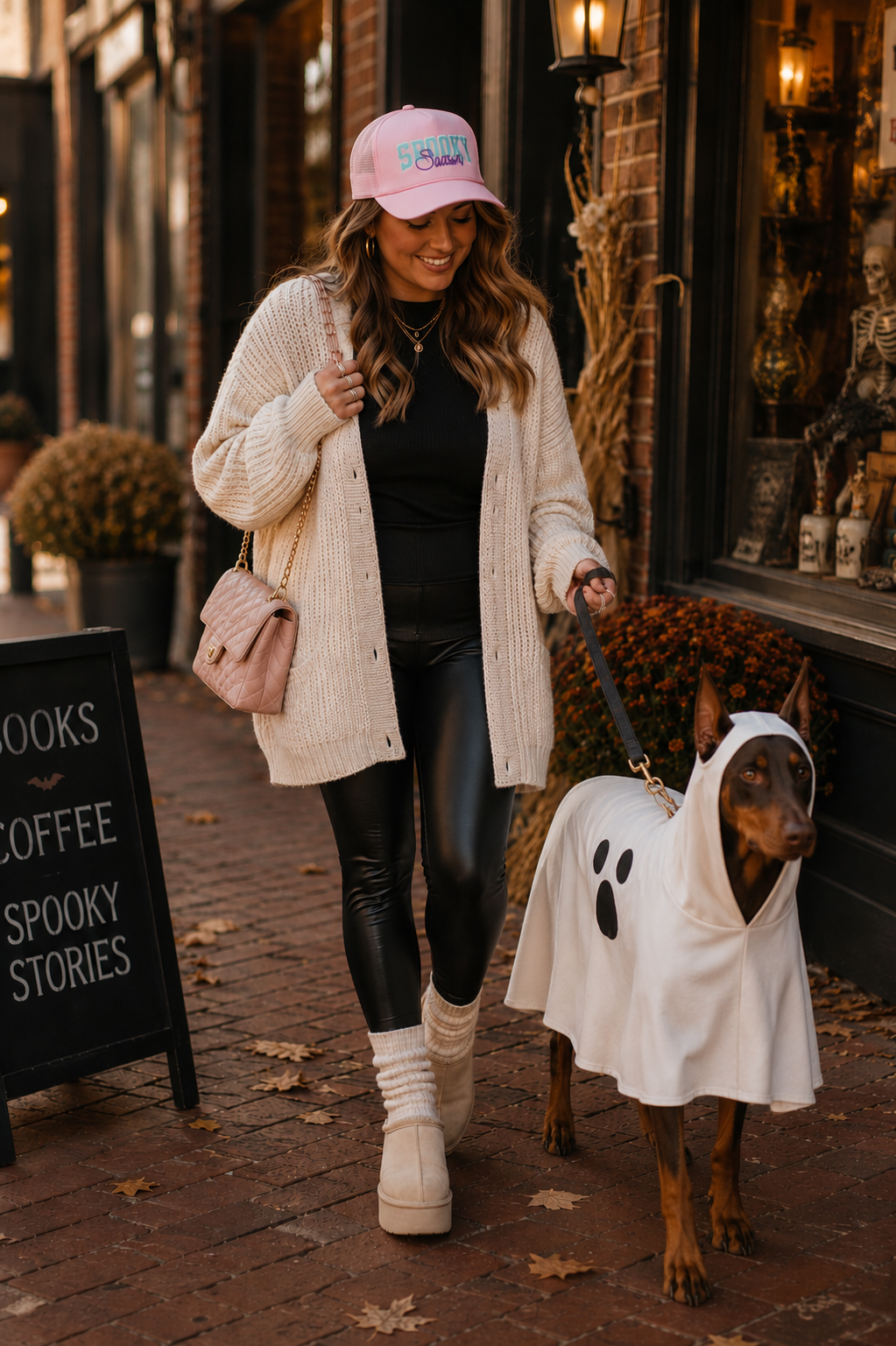 Woman wearing a light pink "Spooky Season" foam trucker hat with mint green chenille embroidery and purple script, walking an adult red Doberman in a ghost costume through a charming historic downtown on a fall afternoon.