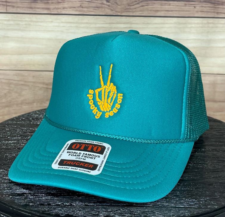 Spooky Season Skeleton Peace Sign | LC Elizabeth Original | Embroidered Trucker Hat