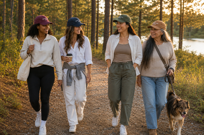 Four women walking on a forest path with a dog, dressed in casual outdoor apparel. The scene is lit by warm golden-hour sunlight, with trees and grass in the background. Fresh Air Club Unstructured Hats