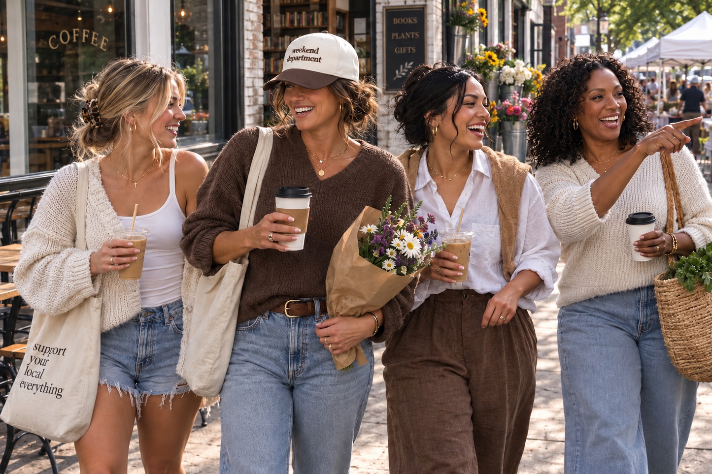 Four women walking and laughing outdoors on a city street, each holding takeaway coffee cups and carrying tote bags. One woman wears a beige and brown cap with 'weekend department' embroidered on it.