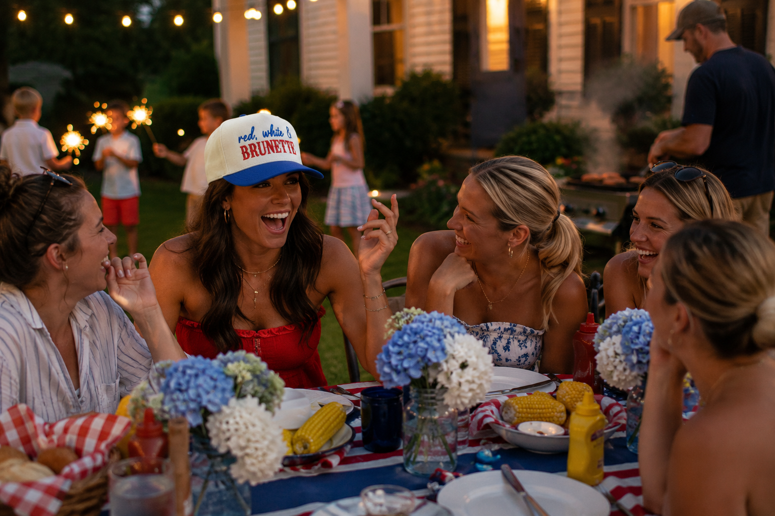A woman laughing at a backyard party wears a beige and blue baseball cap with the text 'read what BRUNETTE.' on the front.