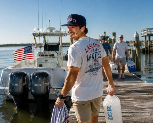 A man walks onto a wooden dock from the water, wearing a white graphic t-shirt and khaki shorts. He is carrying ice and a towel, with boats and other people visible in the background on a sunny day.