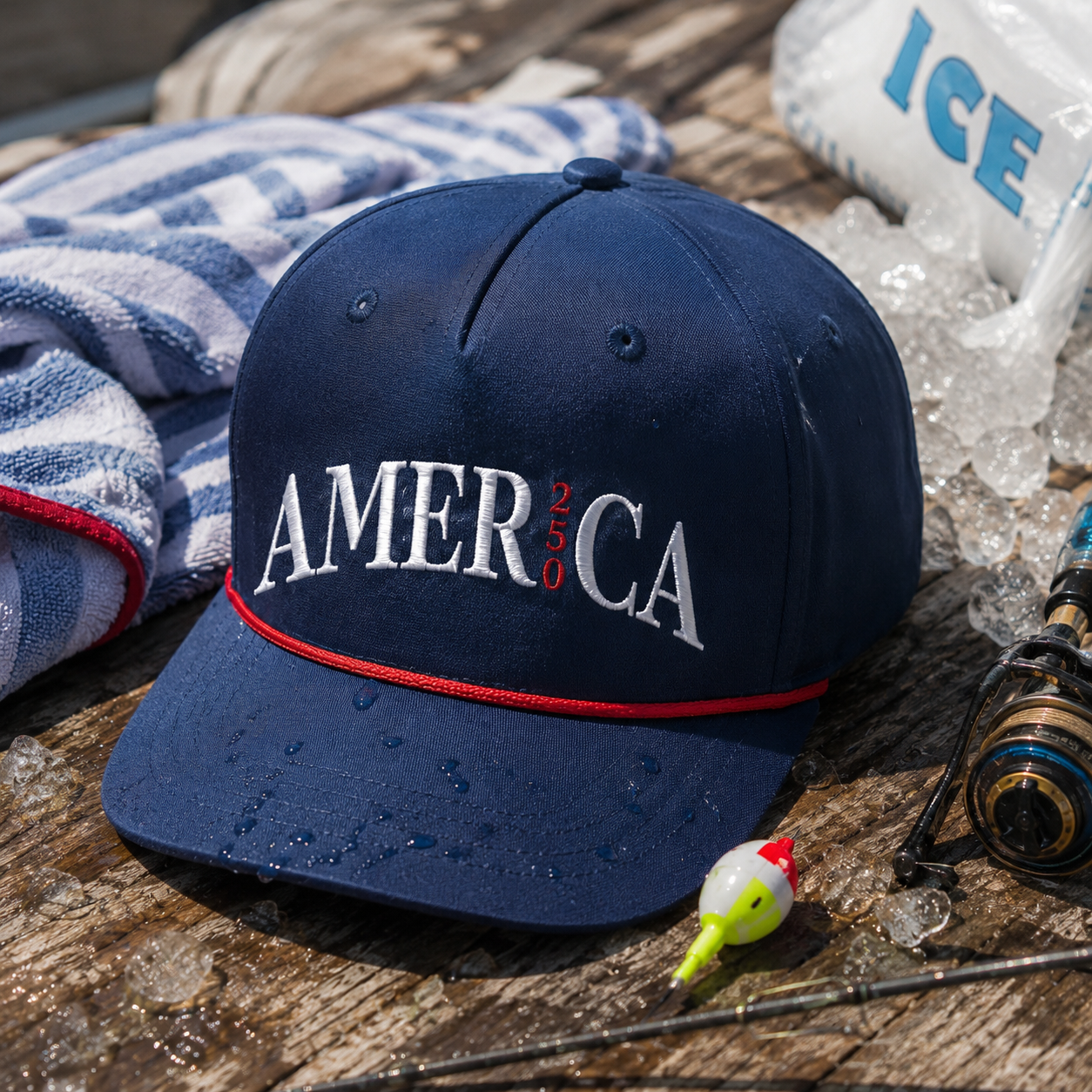 A navy blue baseball cap with 'AMERICA 250' embroidered on the front, styled on a rustic wooden surface with ice, a striped towel, and fishing gear.