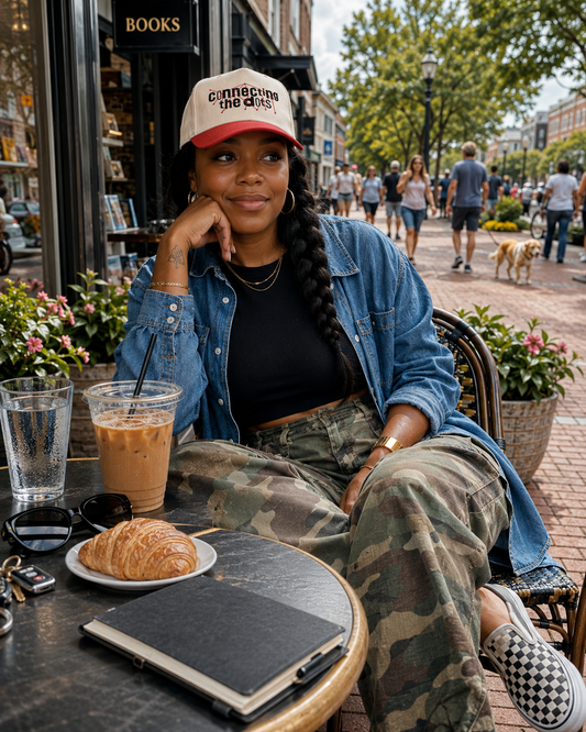 A woman sits at an outdoor cafe table wearing a red and natural baseball cap that says ‘connecting the dots’ a blue denim jacket, a black top, and camouflage pants. In front of her is a croissant on a plate, a glass of iced coffee, and a notebook on a street with pedestrians in the background.