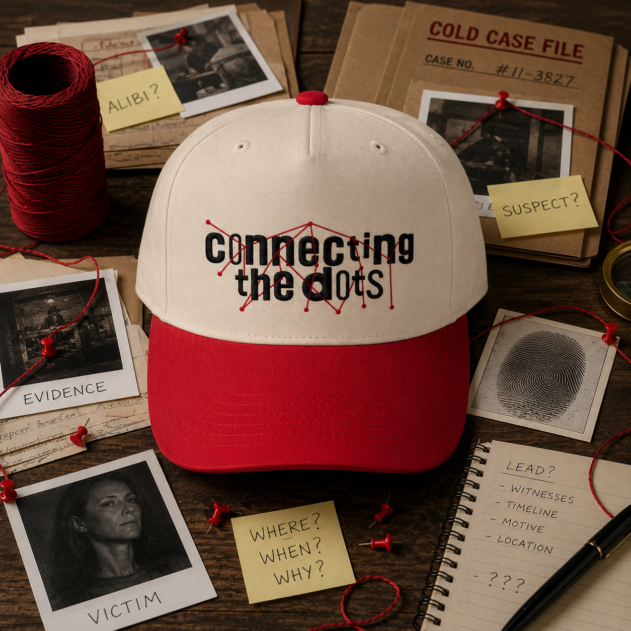 A red and off-white baseball cap with 'Connecting the dots' printed on the front, styled in a detective-themed flat-lay with evidence photos, sticky notes, a notebook, and red thread on a wooden surface.