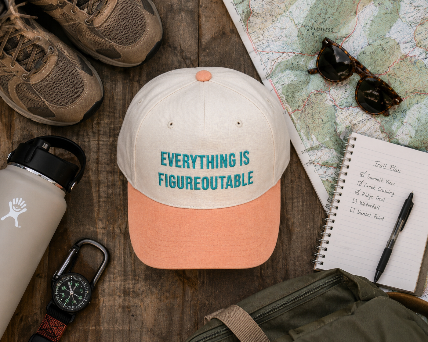 A cream and peach baseball cap with the text 'EVERYTHING IS FIGUREOUTABLE' in teal, styled in a flat lay on a wooden surface with hiking shoes, sunglasses, a water bottle, a map, a notebook, and a backpack.