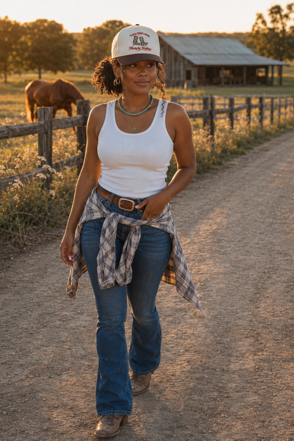 A woman walking on a dirt path in a rural setting at sunset, wearing a white tank top, blue jeans, a plaid shirt tied around her waist, and a white baseball cap with a logo.