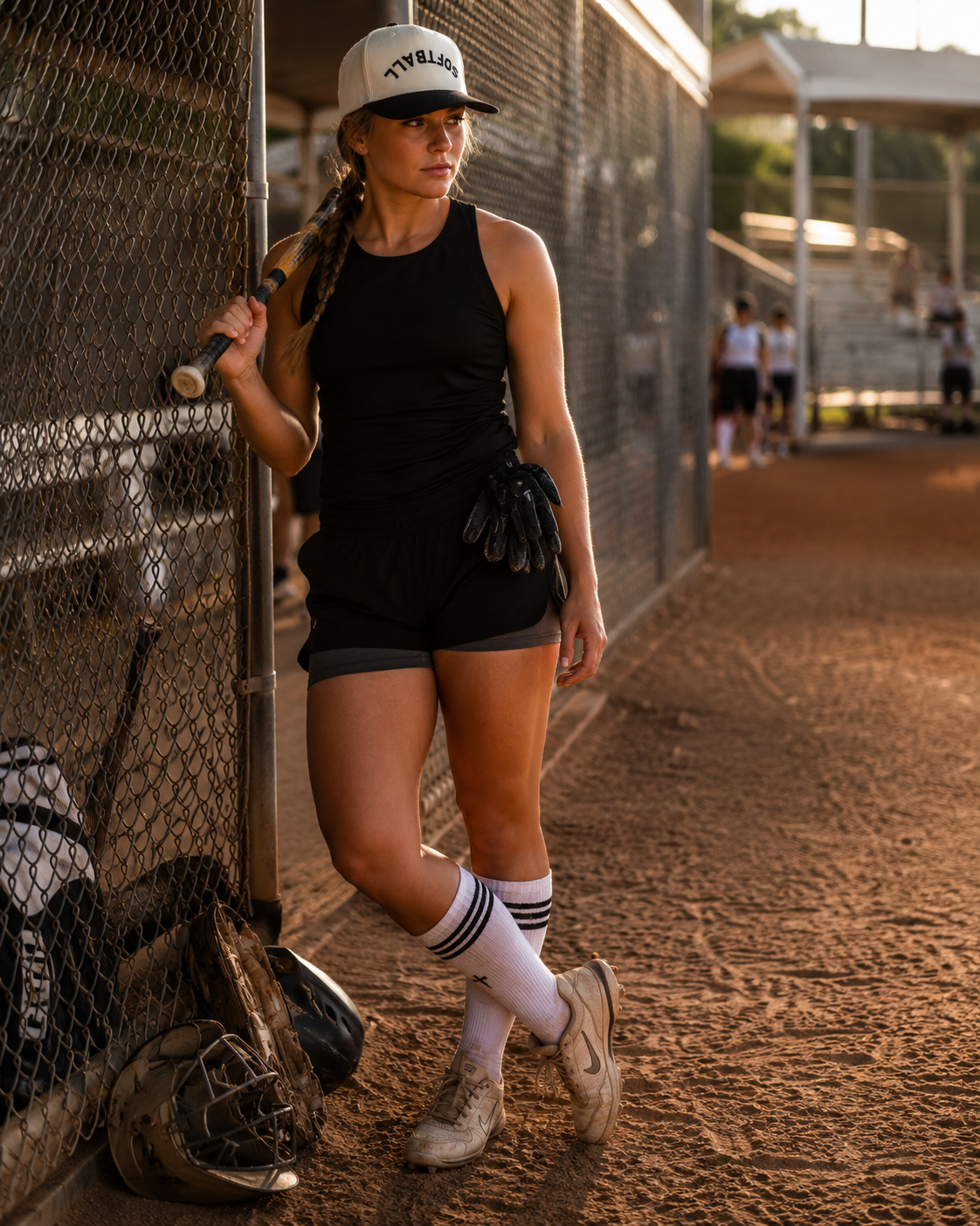 A female softball player stands on a baseball field dirt path next to a chain-link fence, wearing a black tank top, black athletic shorts, white knee-high socks, and a white cap with upside down ‘SOFTBALL’ printed on it.