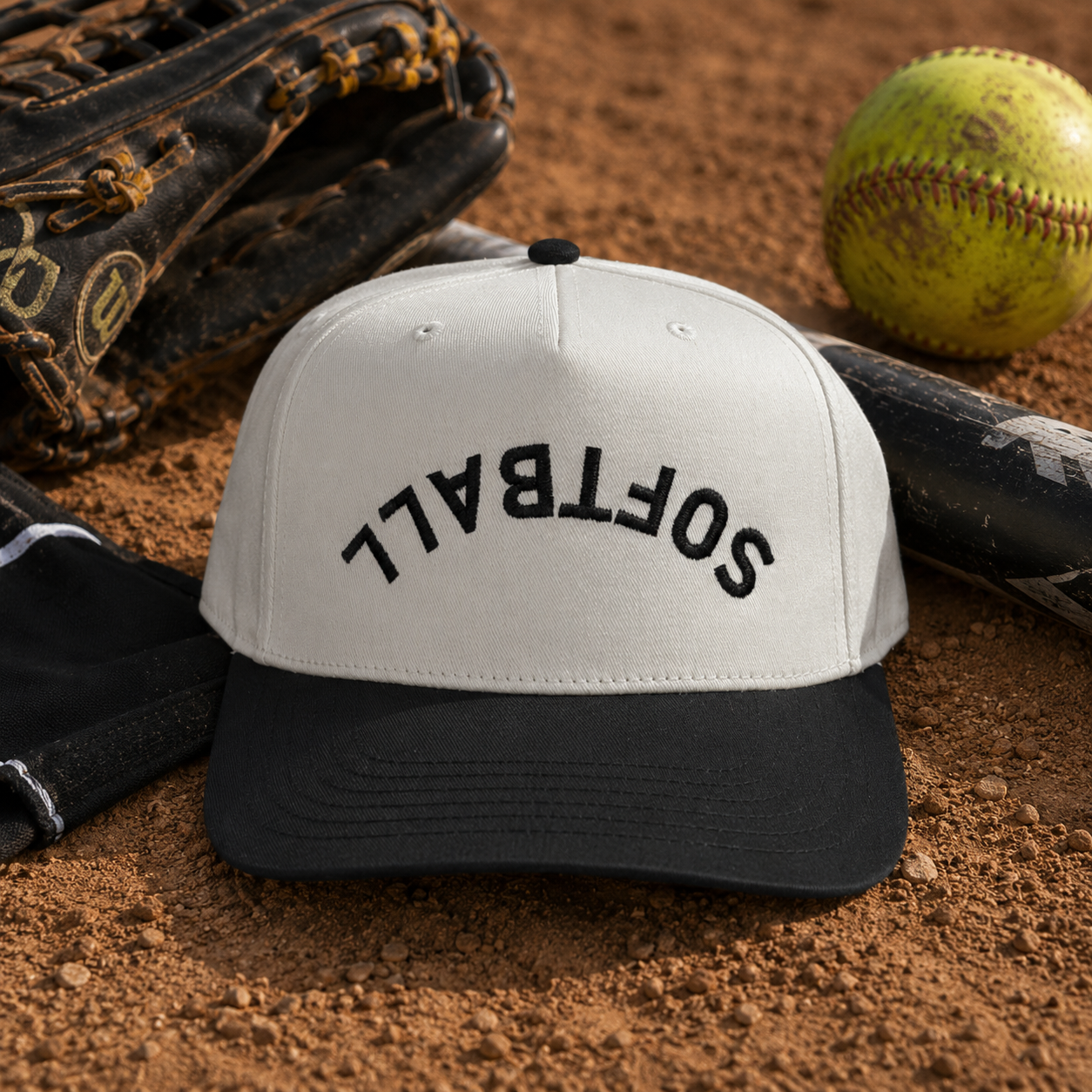A baseball cap with a white crown and black brim, featuring the word 'SOFTBALL' embroidered in black across the front. The cap is styled on a dirt surface with a softball, baseball glove, bat, and glove in the background.