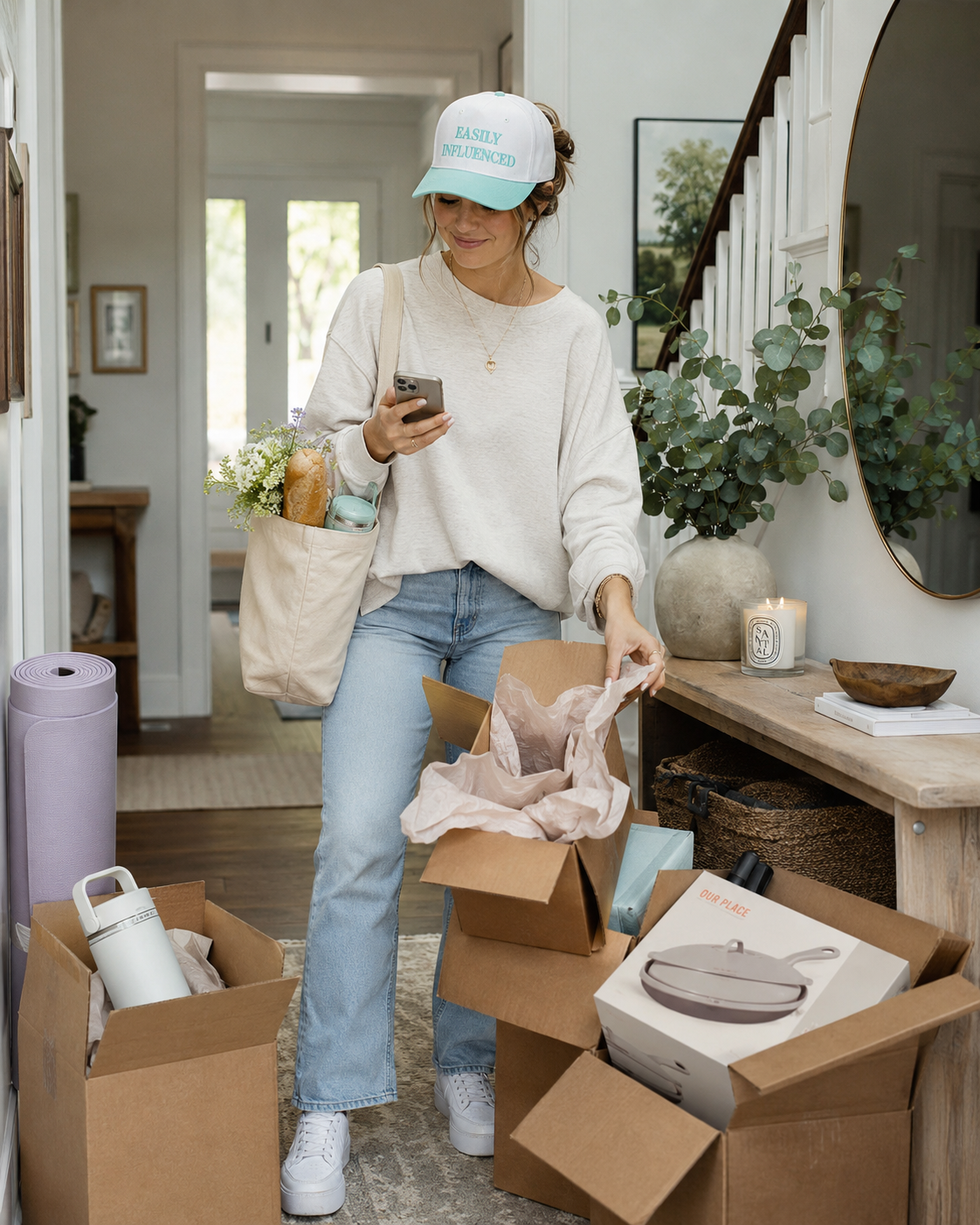 A woman in a home setting wearing a white crewneck sweater, light blue jeans, white sneakers, and a light blue and white baseball cap. She is holding a phone and standing next to open cardboard boxes containing various items, including a white insulated bottle and a gray kitchen item.