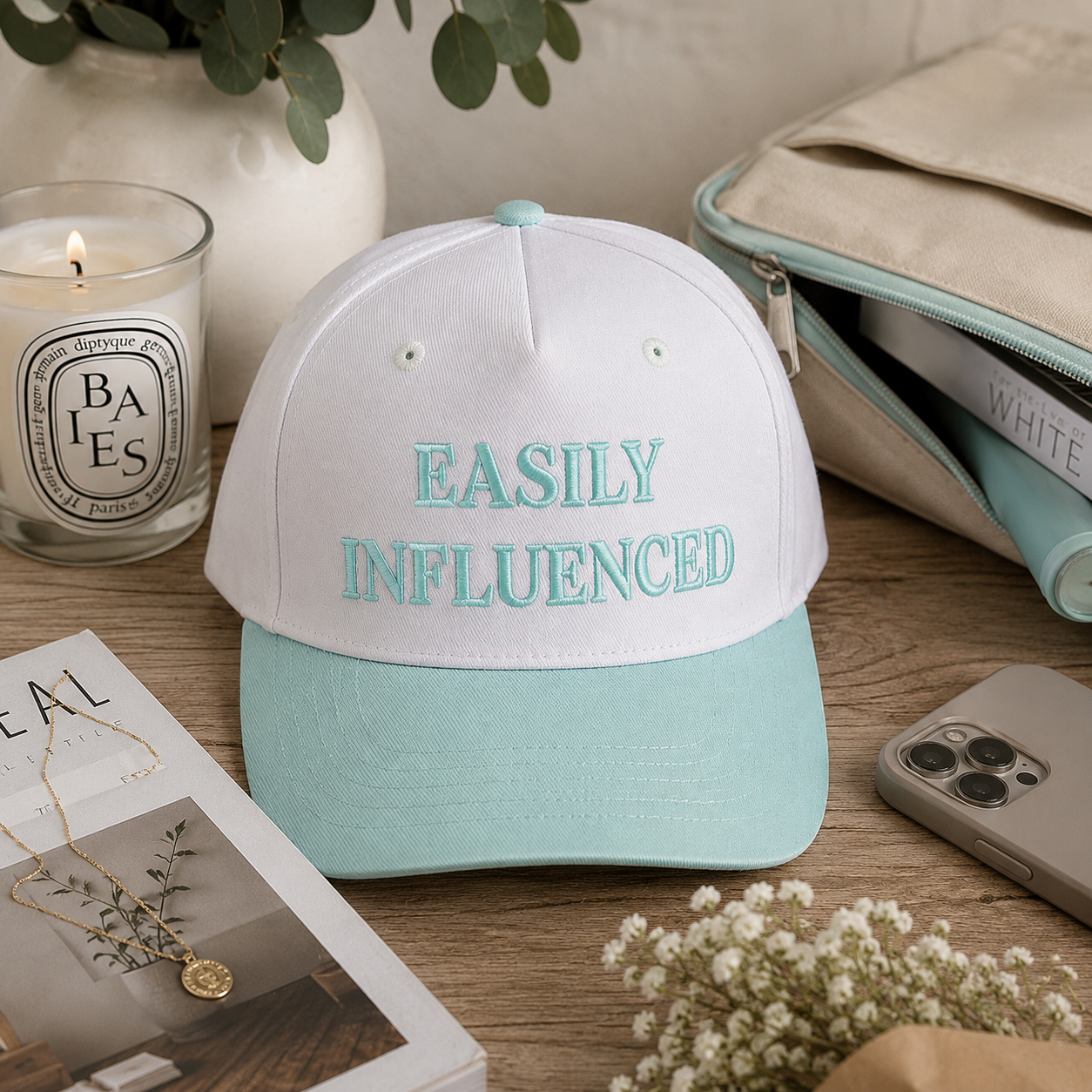 A natural and mint green baseball cap with the text 'EASILY INFLUENCED' embroidered on the front, styled on a wooden table with a candle, notebook, phone, and flowers.