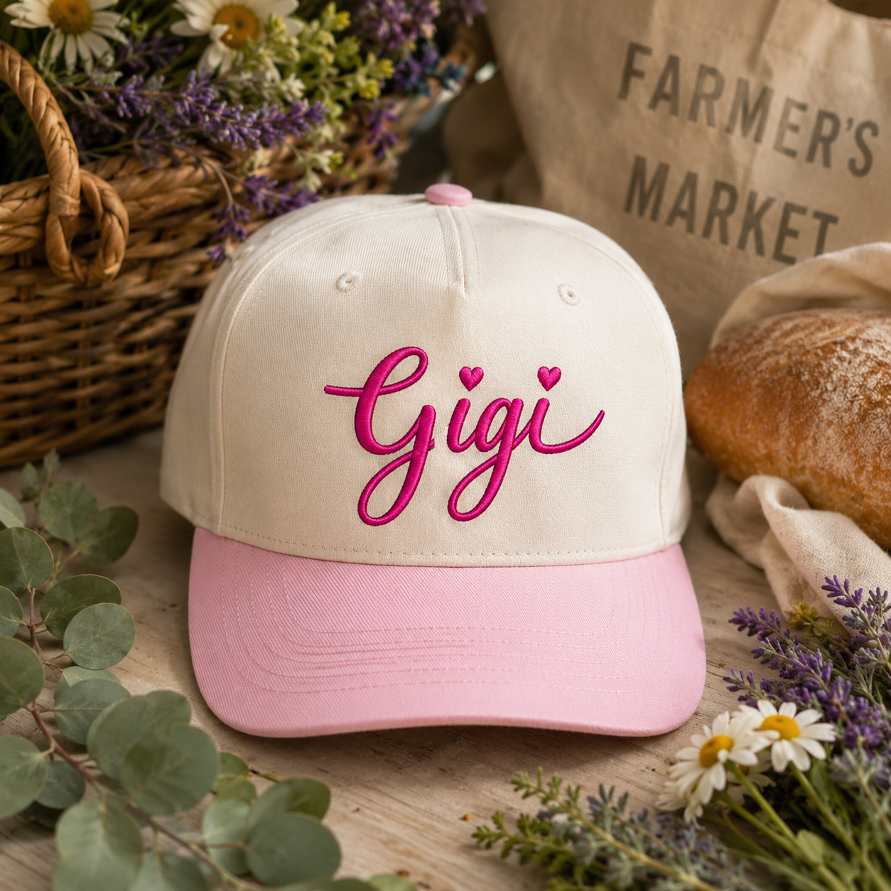 A baseball cap with an off-white crown and a light pink brim, featuring the name 'Gigi' embroidered in bright pink script with two small heart accents. The cap is styled in a rustic, farm-themed setting with a wicker basket of flowers, a burlap 'Farmer's Market' sack, and a loaf of bread.