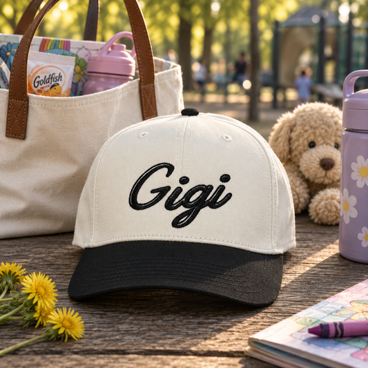 A personalized baseball cap with 'Gigi' embroidered in black script on an off-white crown and black curved brim, styled on a wooden table with a canvas tote bag, water bottles, a teddy bear, and yellow flowers in a sunny park setting.
