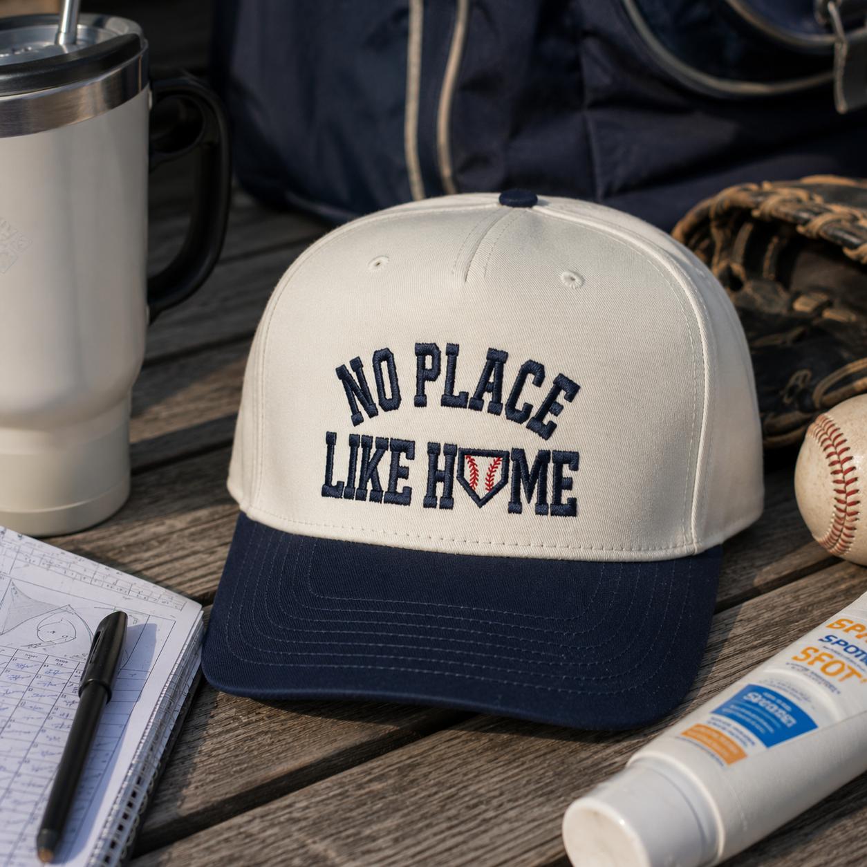 A baseball cap with a cream crown and navy blue brim, featuring the embroidered text 'NO PLACE LIKE HOME' with a baseball icon. The cap is styled on a wooden table with a baseball, a notebook, a tube of sunscreen, and a white insulated mug.