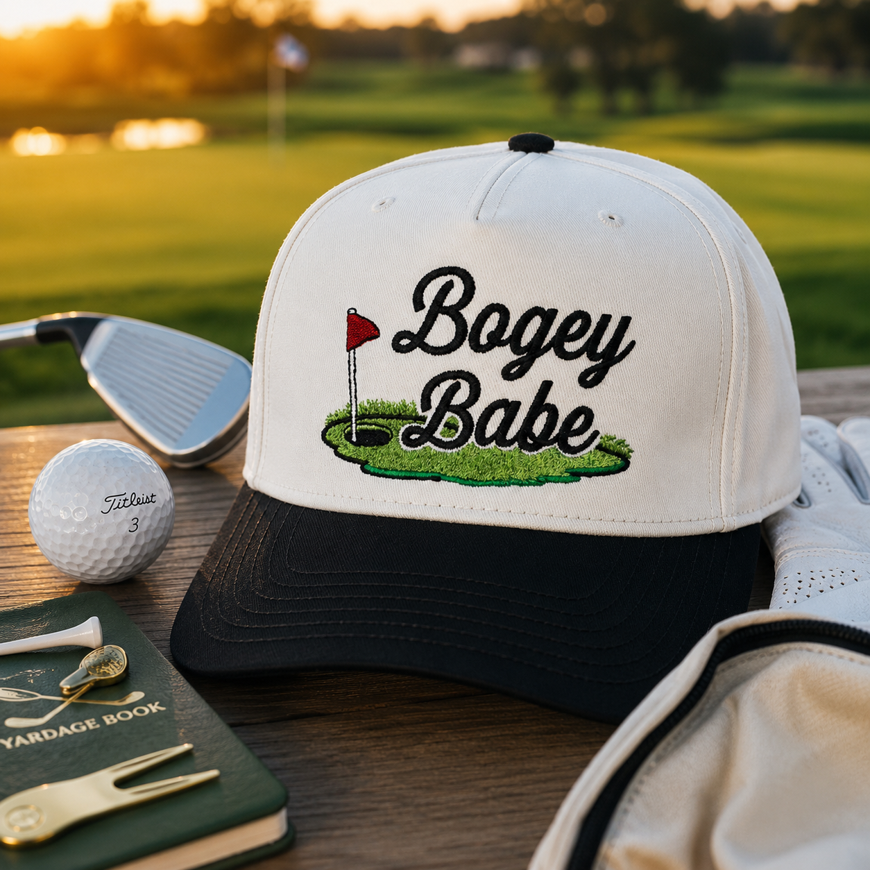 A white and black baseball cap with 'Bogey Babe' embroidered on the front, styled on a wooden table with golf props including a club, golf ball, notebook, and glove against a blurred golf course background.
