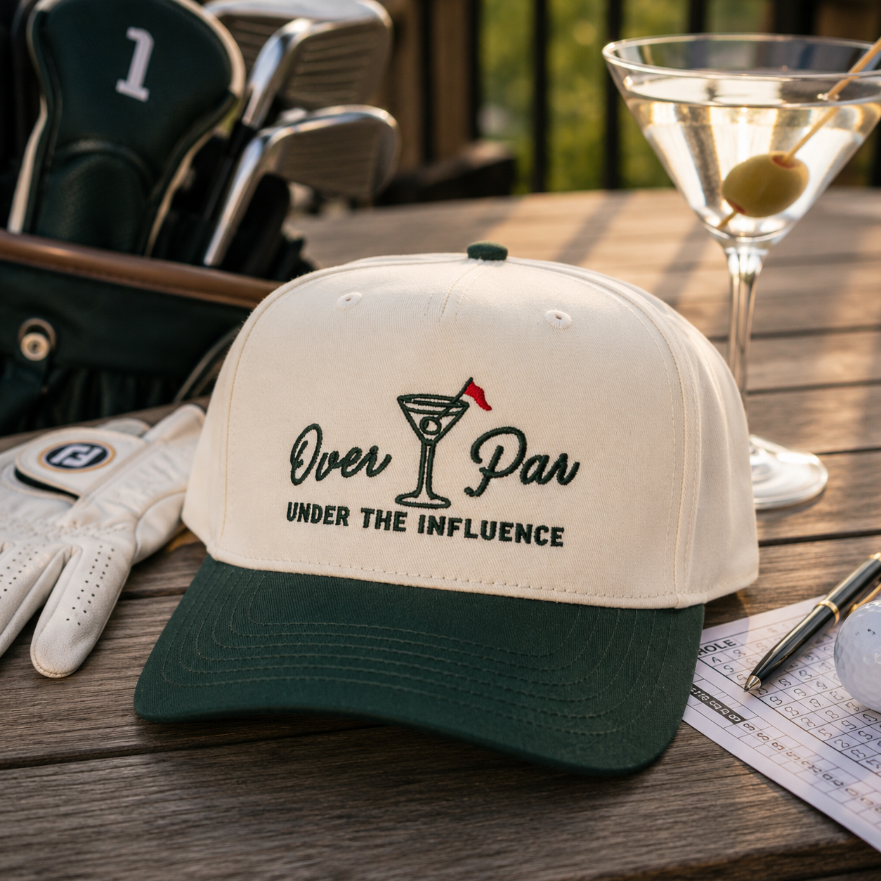 A baseball cap placed on a wooden table outdoors, styled with golf clubs, a golf glove, a martini glass, and papers. The cap is off-white with a dark green brim and embroidered text reading 'Over Par UNDER THE INFLUENCE' with a martini glass graphic.