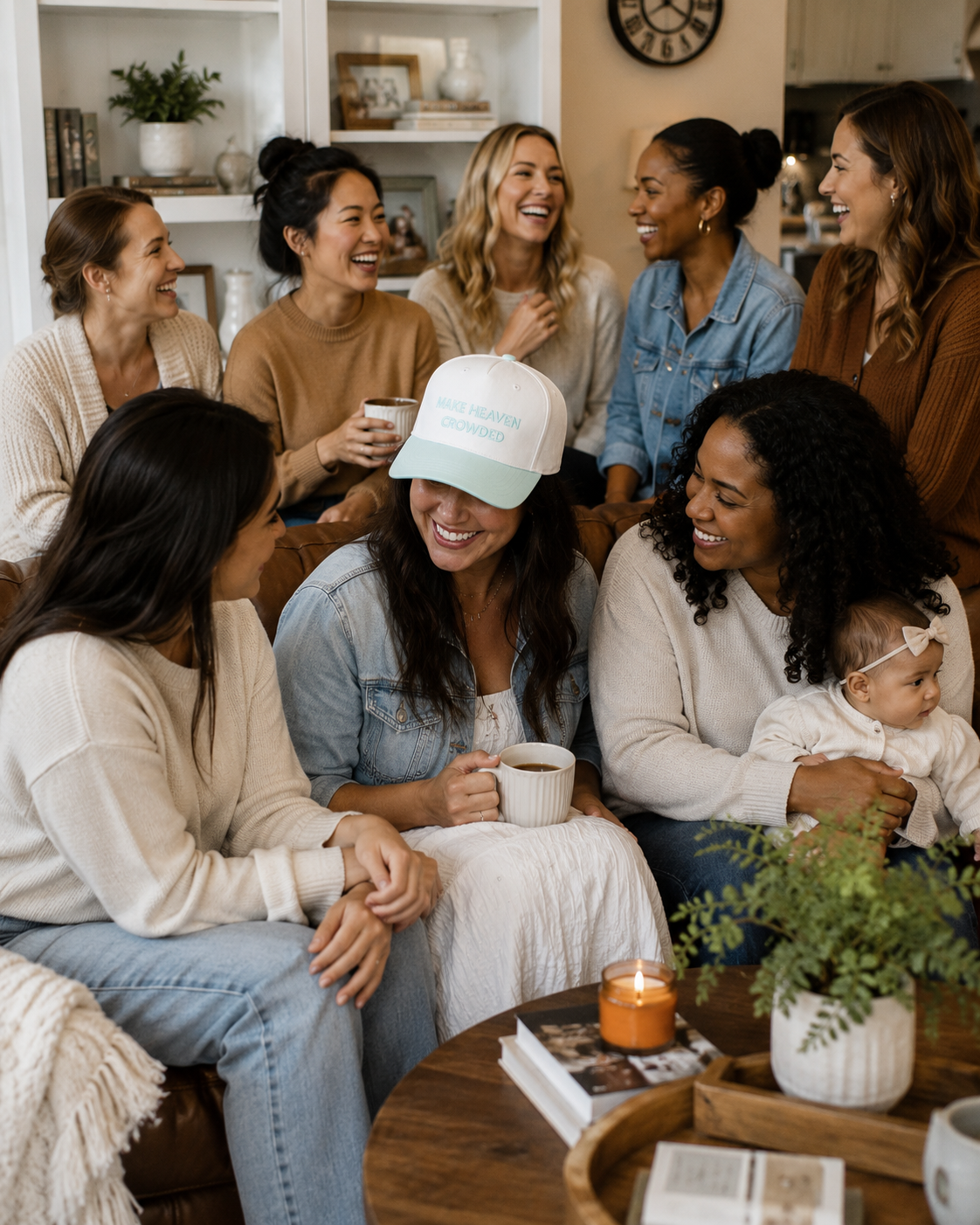 A group of seven women and a baby gathered in a cozy, warmly lit living room. They are smiling, laughing, and sharing coffee cups on a wooden table with potted plants and candles.