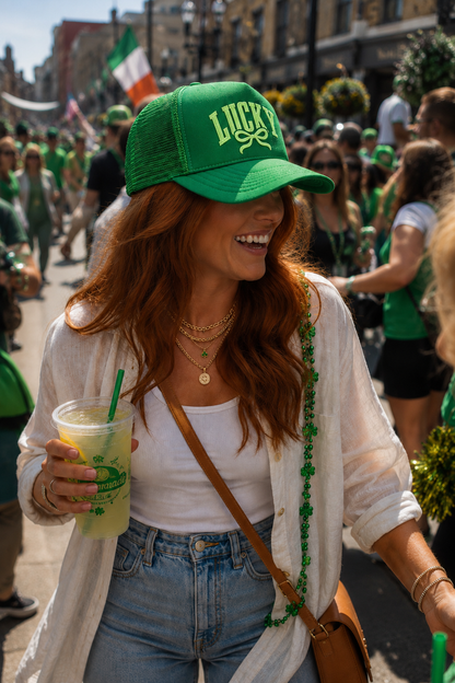 Young woman at a st Patrick’s day parade wearing a green foam trucker hat with light green embroidery “Lucky” with a bow. 