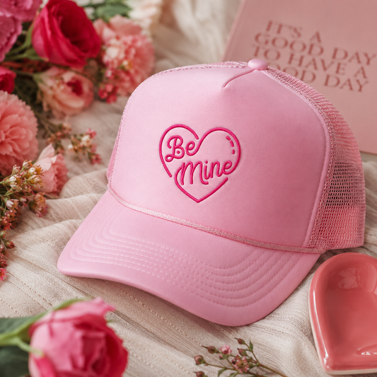A pink trucker-style baseball cap with a mesh back and an embroidered pink heart on the front containing the words 'Be Mine' in script. The cap is styled on a cream fabric surface with pink roses, a pink book, and a pink heart-shaped object nearby.