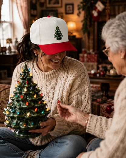 A woman in a cozy knit sweater and a red-and-white baseball cap with a small Christmas tree patch smiles while holding a small lit Christmas tree ornament, with an older woman seated beside her in a warmly lit living room.