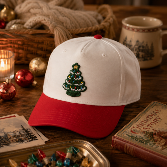 A white and red baseball cap with an embroidered Christmas tree on the front, styled on a rustic wooden table with holiday decorations, a mug, and a vintage book.