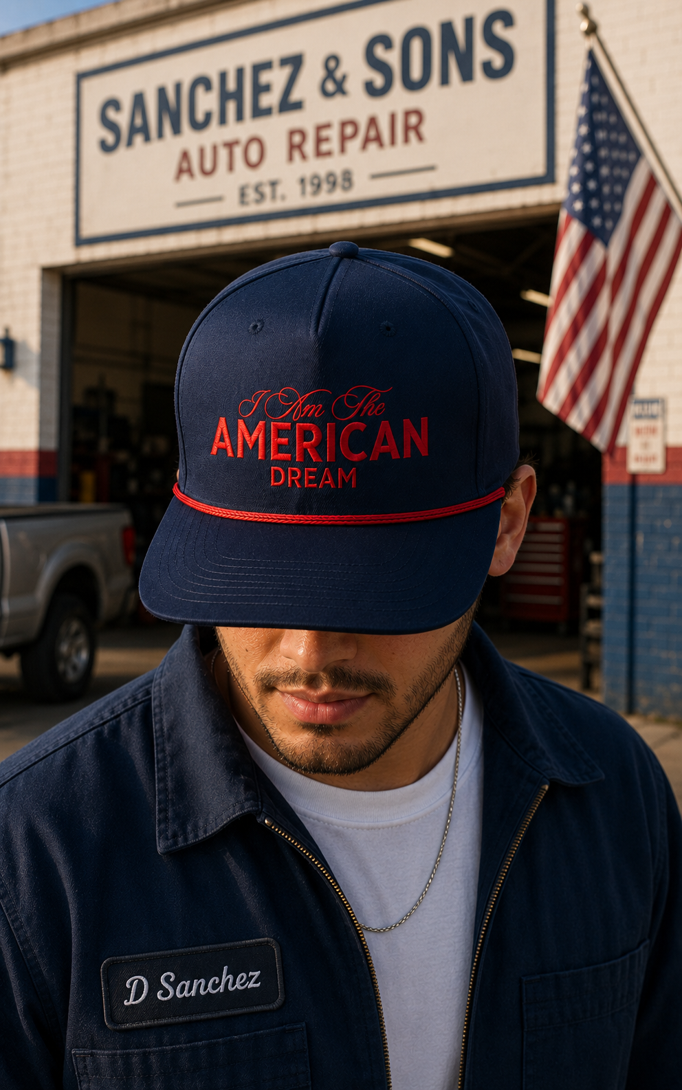 A man wearing a navy blue baseball cap with red embroidered text reading 'I Am the American Dream' and a matching navy work jacket with a name patch, standing in front of a Sanchez & Sons Auto Repair shop with an American flag.