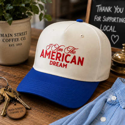 A baseball cap with an off-white crown and a royal blue visor, featuring the red embroidered text 'I Am The AMERICAN DREAM' on the front. The cap is styled on a wooden table with a potted plant, keys, a denim shirt, and a chalkboard in the background.