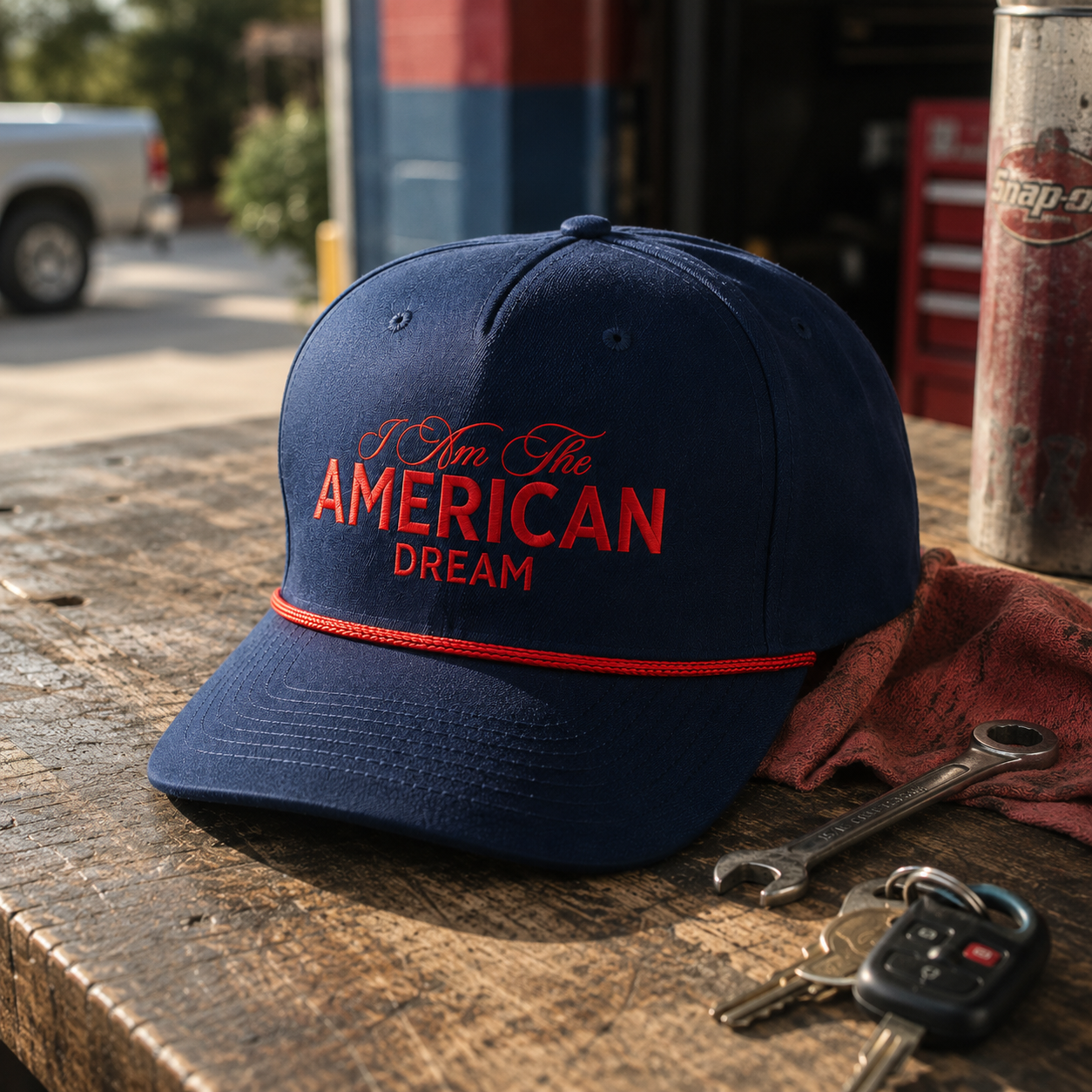 A navy blue baseball cap with red embroidered text reading 'I Am The AMERICAN DREAM' sits on a rustic wooden workbench with keys, a wrench, and a cloth in a garage setting.