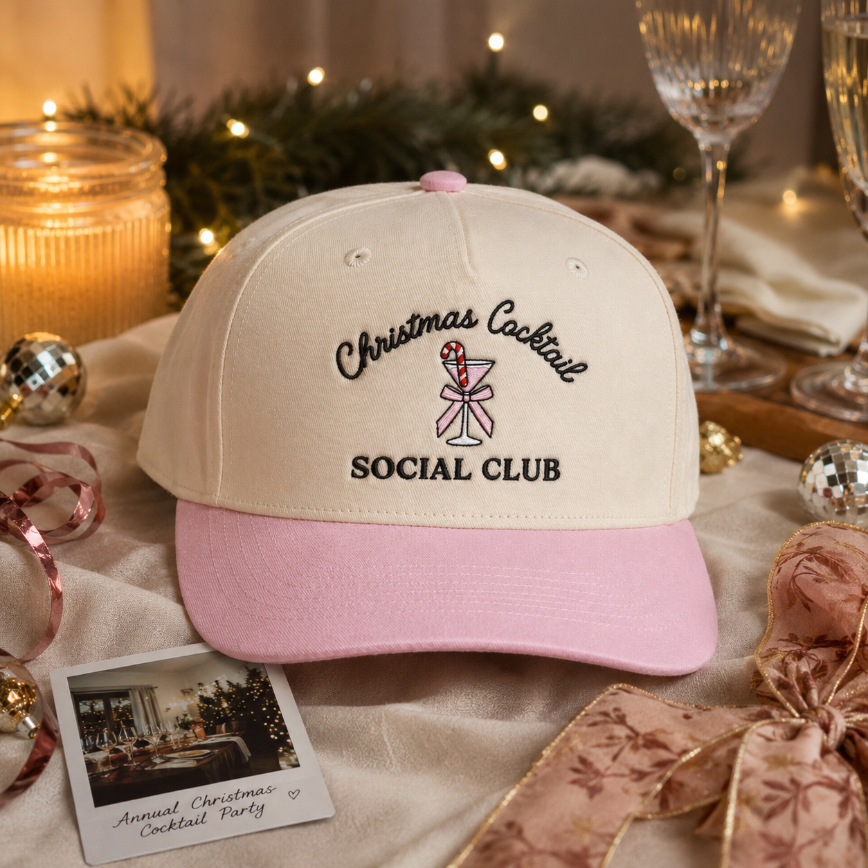 A cream and light pink baseball cap with embroidered text reading 'Christmas Cocktail SOCIAL CLUB' and a martini glass with a candy cane, styled on a festive table with candles, glasses, ribbons, and holiday decor.