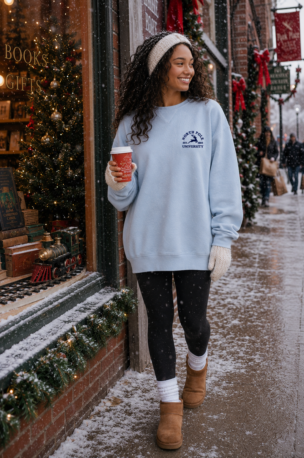 A woman walking on a snowy city street wearing a light blue crewneck sweatshirt with a 'North Pole University' logo, black leggings, white socks, and tan boots, holding a coffee cup.
