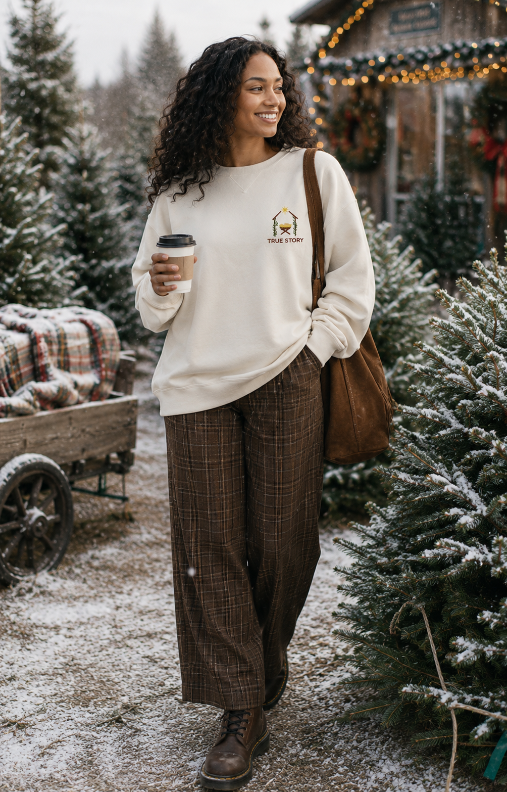 A woman stands in a snowy outdoor Christmas tree lot wearing a cream sweatshirt with a small house, brown plaid wide-leg pants, and brown boots, while holding a coffee cup and carrying a brown shoulder bag.