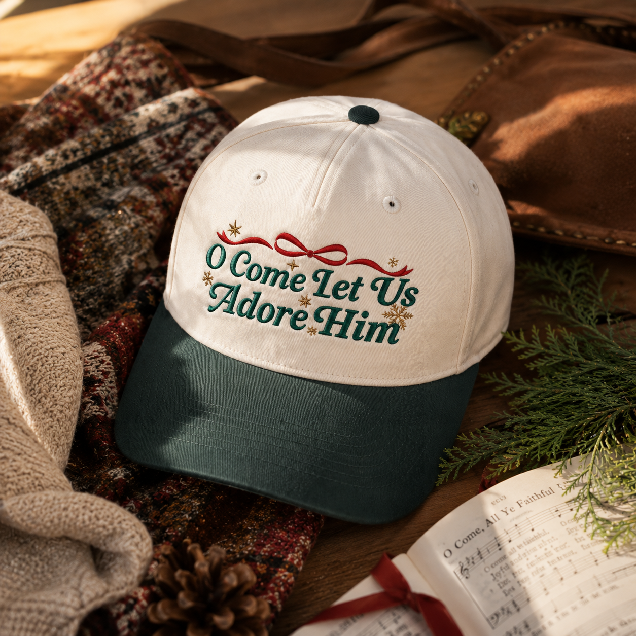 A baseball cap with a white crown and dark green brim, embroidered with the phrase 'O Come Let Us Adore Him' in green script with a red bow and small gold stars. The cap is styled in a cozy flat-lay arrangement with a knit sweater, brown leather, pine branches, and an open book.